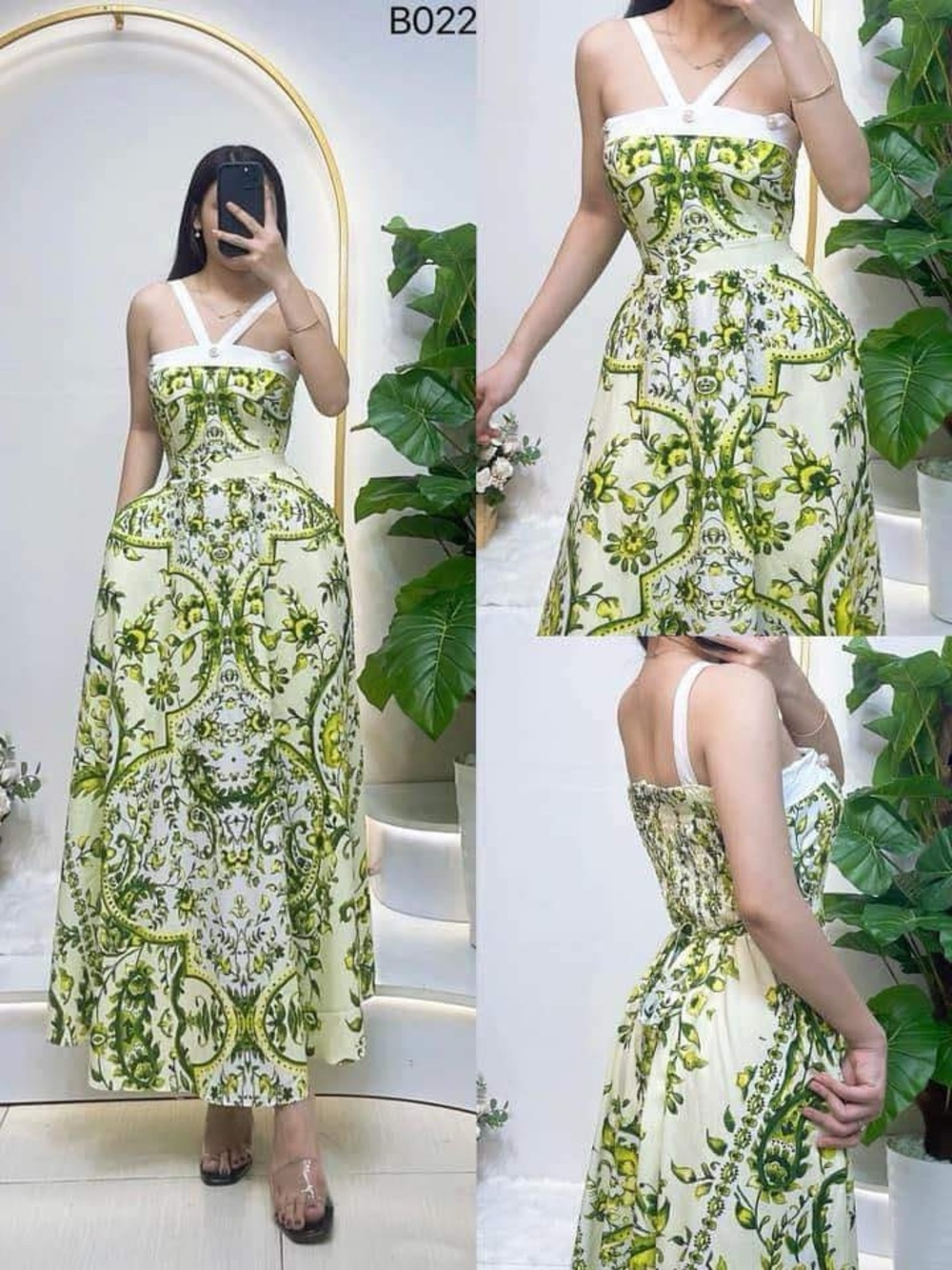 Green & White Botanical Print Sundress